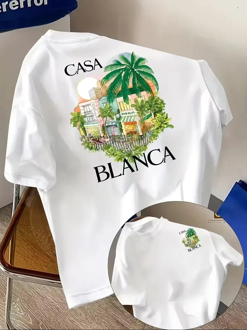 Casablanca Aesthetic Architectural Graphic T-Shirt Casual Short Sleeve Tee Fashion Harajuku Kawaii Women's Y2K Clothing Unisex