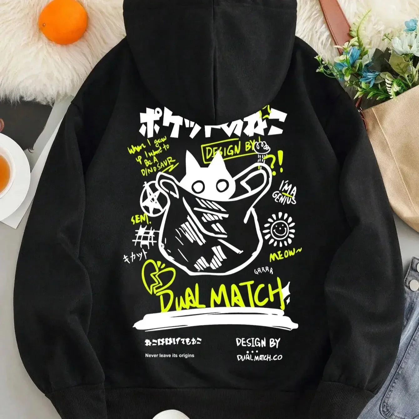2025 unisex printed hooded sweatshirt with black cat letter pattern long sleeved sweatshirt, casual and comfortable