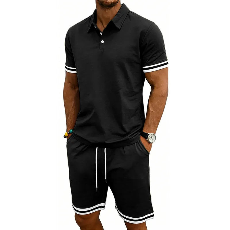 European and American men's summer casual trend thin breathable polo lapel short-sleeved POLO shorts set