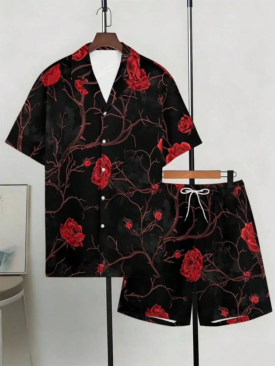 Mens Cuban Collar Shirt And Shorts Set With Red Rose Print Black Background