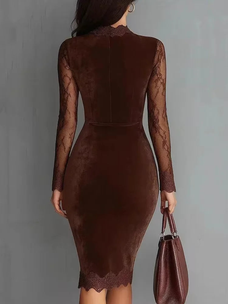 Women's V-Neck Long Sleeve Lace Sheer Bodycon Dress Sexy Transparent Casual A-Line Mid-Length Designer Luxury Dress