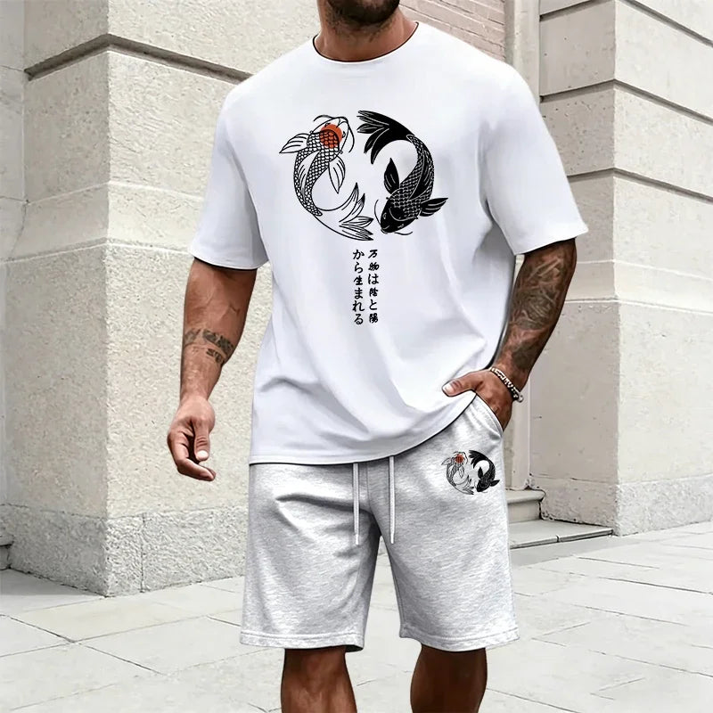 Japanese Yinyang Pattern Men's Tracksuit Cotton T-shirt and Sports Shorts Summer Urban Casual Fashion Short Sleeve Outfits S-3XL