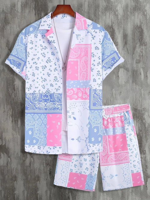 2024 Men Sets Print Patchwork Lapel Short Sleeve Casual Shirt Beach Shorts Summer Streetwear Vacation Hawaiian Suits Men S-5XL
