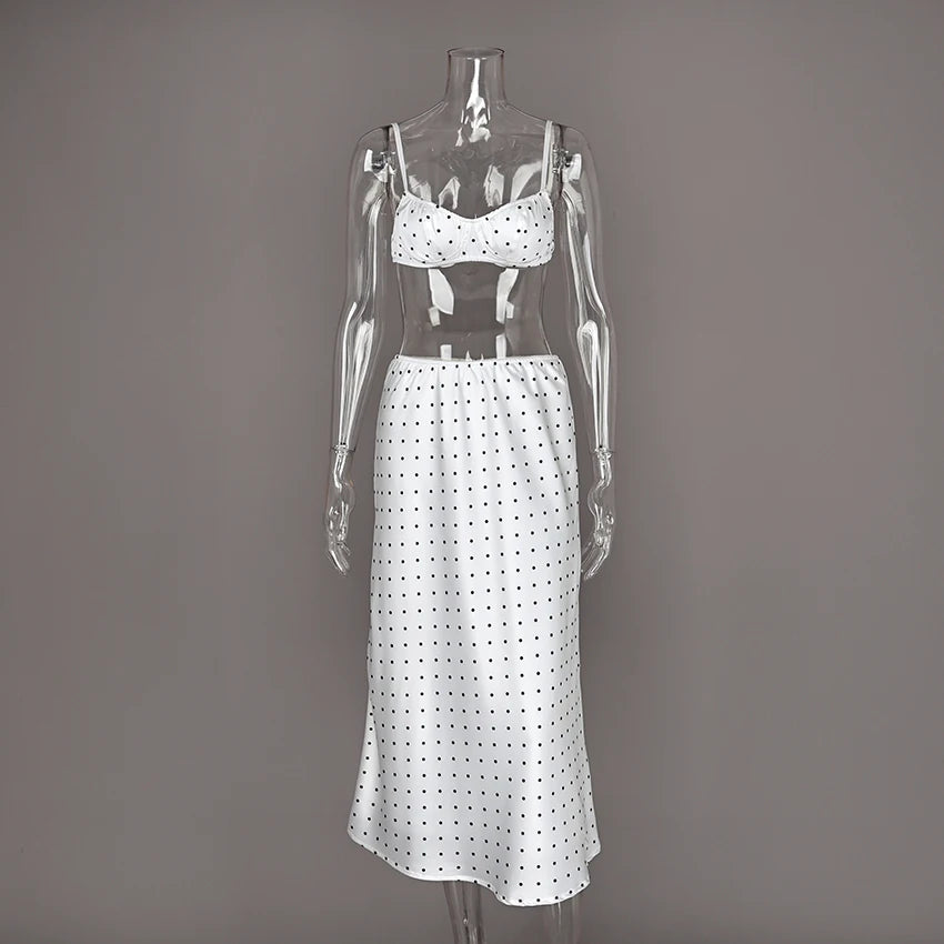 Linad Sexy Polka Dot Crop Top Camisole Long Skirts Suits Casual Spaghetti Strap Vest With High Waist Zipper Skirt Two Piece Sets
