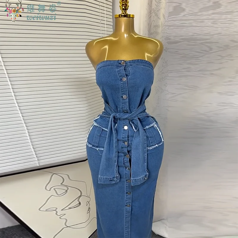 2026 Women Retro Strapless Demin Dress Sleeveless SingleBreasted LaceUp Slim Summer Streetwear Party clothing Sexy jeans Dresses