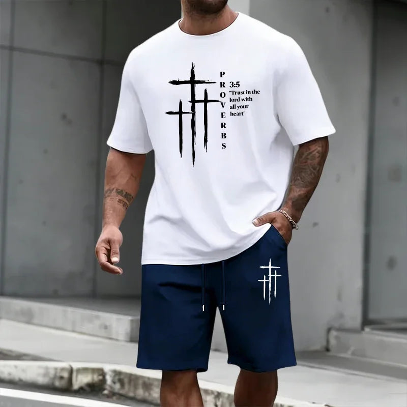 2026 Summer Men's Set Cross Print T-shirts and Shorts Home Outdoor Comfort Soft Short Sleeve Outfit Urban Casual Trend Tracksuit