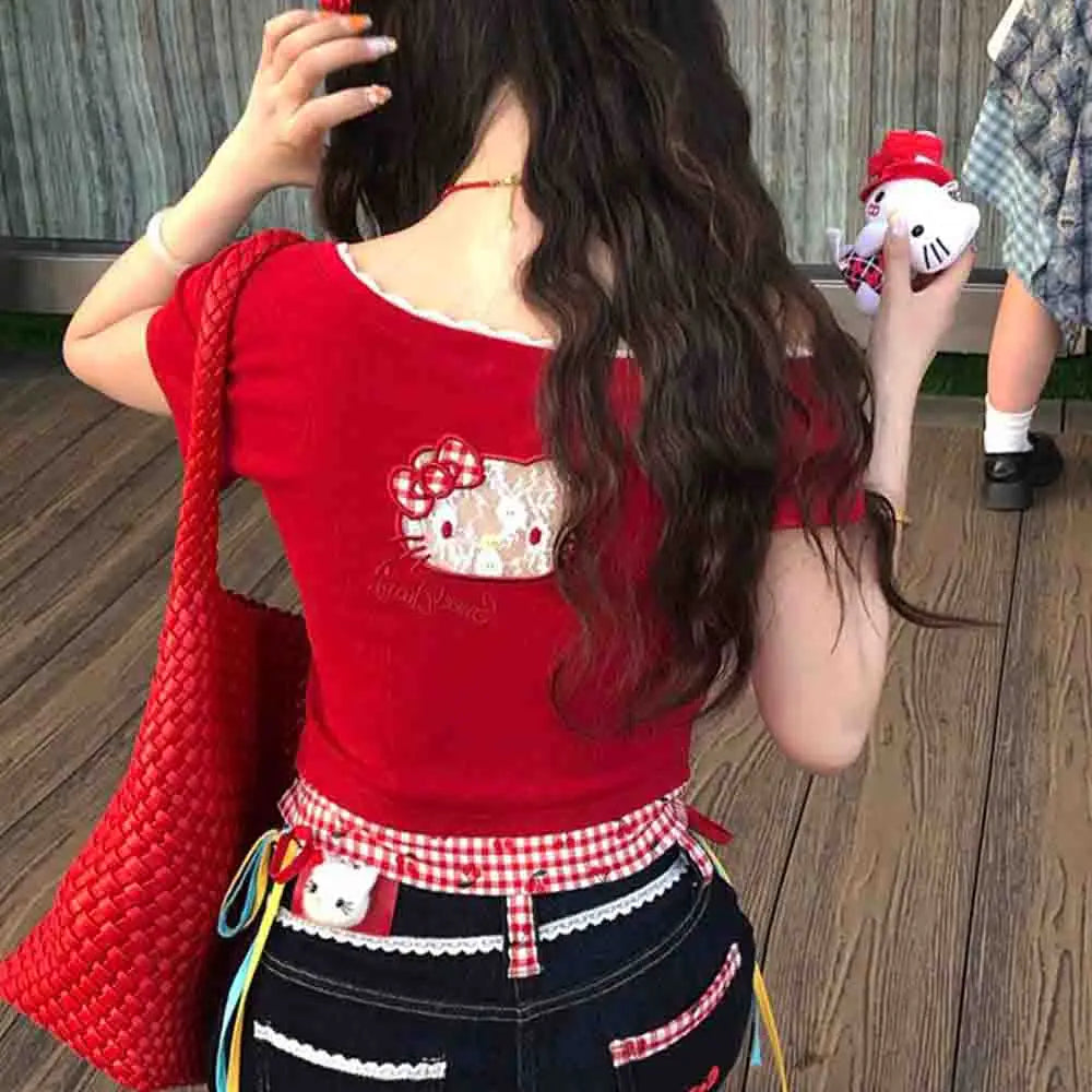 Hello Kitties Summer Women's Short Sleeved T-Shirt Kitty Spicy Girl Bow Slanted Shoulder Hollow Design Cartoon Cute Fashion Top