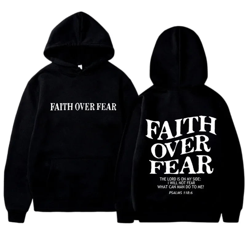 Men's Faith Over Fear Graphic Hoodie Black Pullover Sweatshirt Comfortable Blend Fabric Inspirational Streetwear Hooded Top