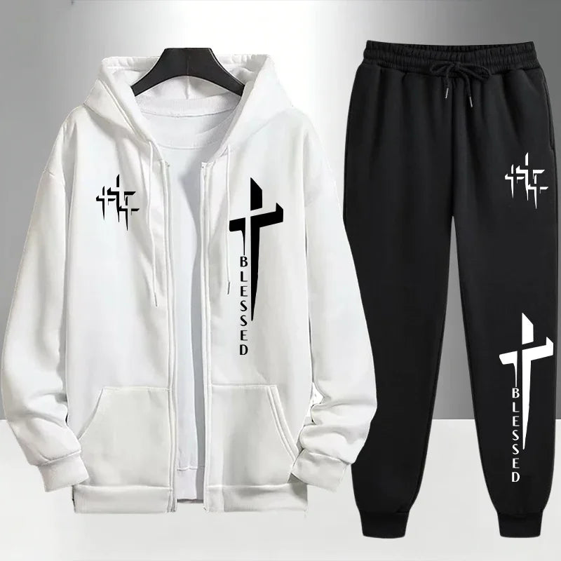 Urban Causal Fashion Hoodies Outerwear Sets Cross Blessed Print Tracksuit for Men Zipper Hooded Sweatshirt and Black Sweatpants