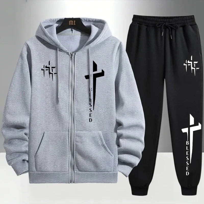Urban Causal Fashion Hoodies Outerwear Sets Cross Blessed Print Tracksuit for Men Zipper Hooded Sweatshirt and Black Sweatpants