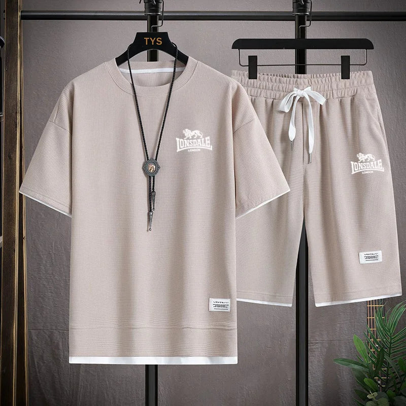 Men's summer new casual short-sleeved T-shirt set, fashionable outdoor men's round-neck pullover + sports shorts 2-piece set