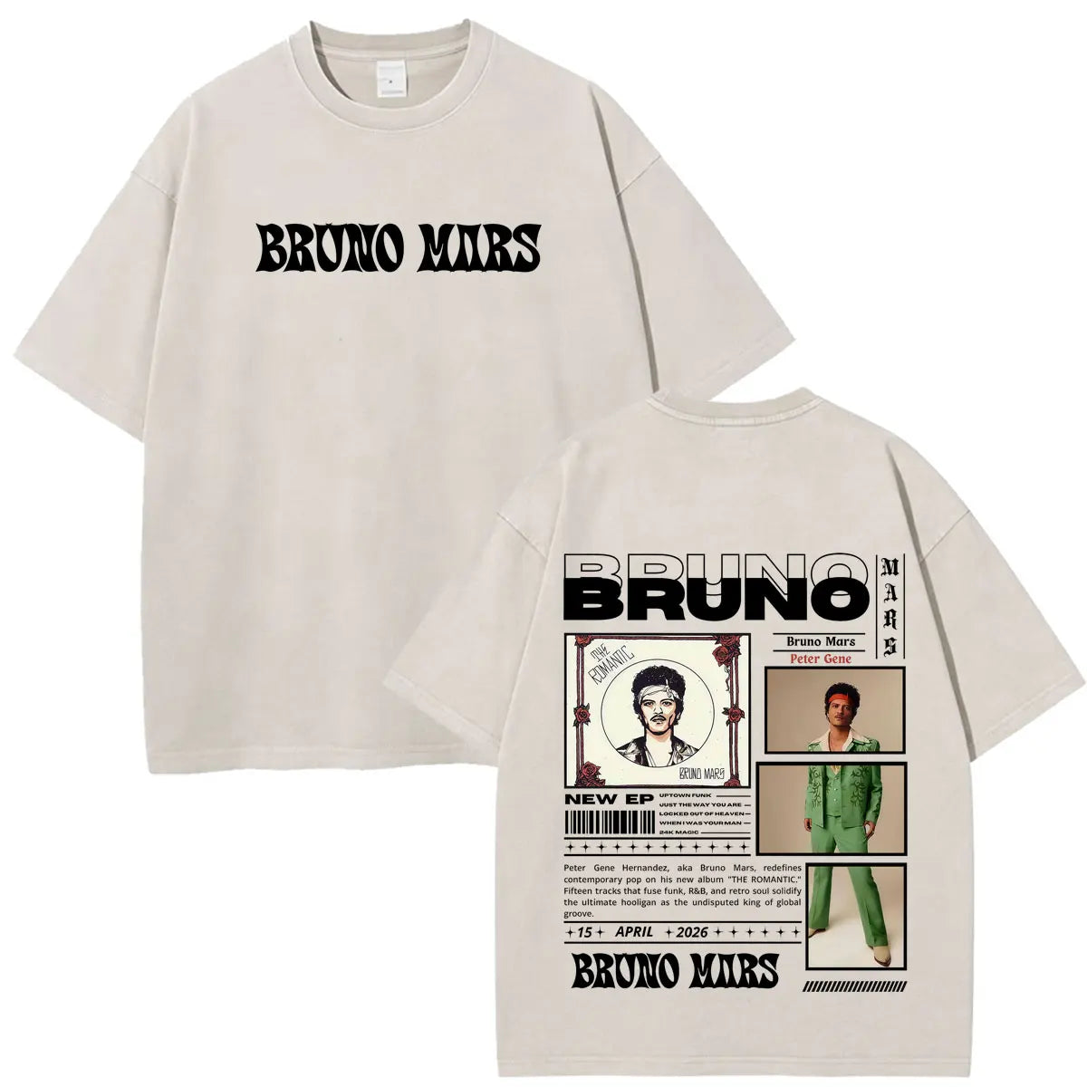 Bruno Mars The Romantic Tour 2026 Print Vintage Washed T-shirt Man Woman Fashion T-shirts Cotton Loose Casual Oversized T-shirts