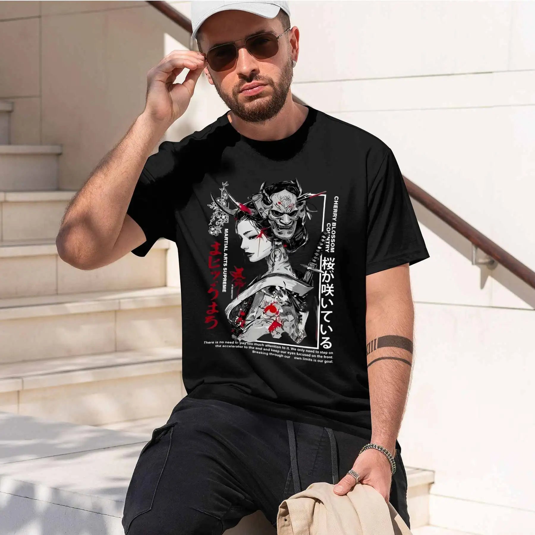 new printed T-shirt printed with  Men's Japanese Dark Ukiyo-e T-shirt, Oni Mask Geisha Katana Print Cool Street Style Top