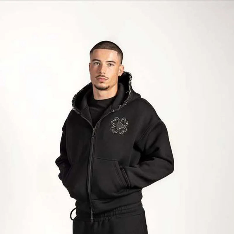 Spring Autumn Oversized 4 Leaf Clover Applique Zip Up Hoodie Tracksuit Set Men Y2K Streetwear Fleece Sweatpants 2 Piece Outfits
