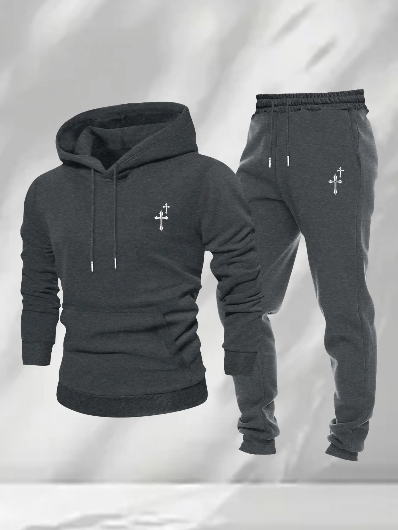 Men 2Pcs Small Cross Embroidery Hoodie Sweatpants Set Polyester Loose Autumn Daily Street Casual Tracksuit For Men