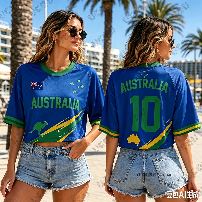 Summer New Australia Print T-Shirt For Women Short Sleeve O-neck Sexy Crop Top Streetwear Football Jersey Y2k Tees Casual Tops