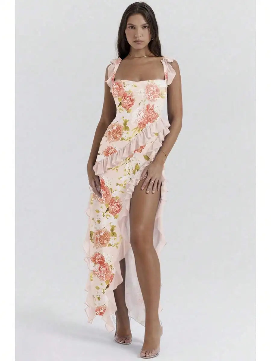 French Style Spaghetti Strap Ruffle Floral Print High Low Long Dress For Women