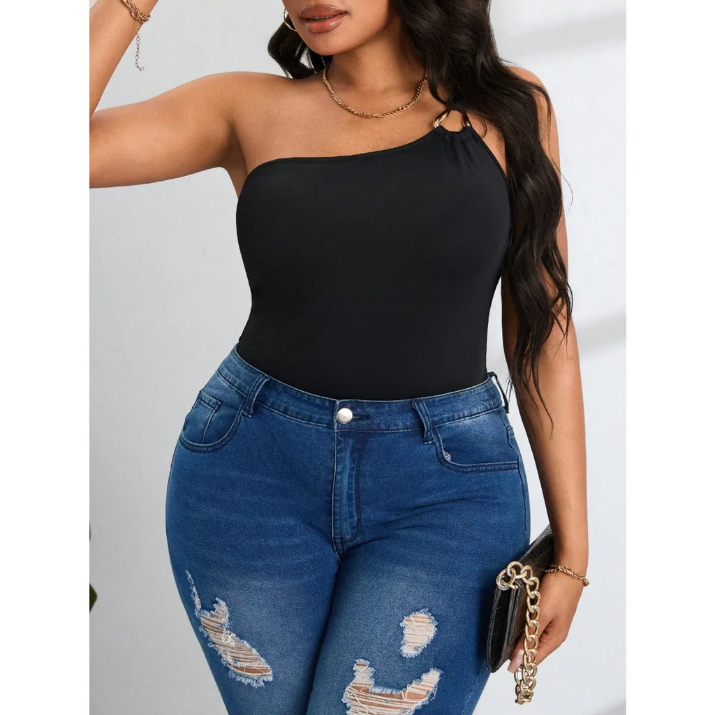 Plus-Size Women's Jumpsuit Sexy One-Shoulder Gold Ring Detail Solid Color Waist-Defining Pants Slimming Shaping One-Piece