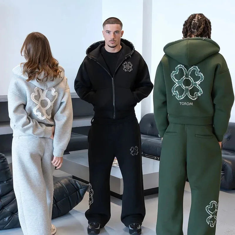 Spring Autumn Oversized 4 Leaf Clover Applique Zip Up Hoodie Tracksuit Set Men Y2K Streetwear Fleece Sweatpants 2 Piece Outfits