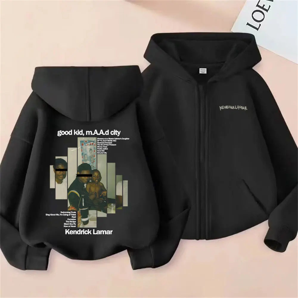 Rapper Kendrick Lamar Good Kid Album Graphic Zipper Hoodie Men Women Hip Hop Vintage Zip Up Jacket Male Oversized Zip Up Hoodies