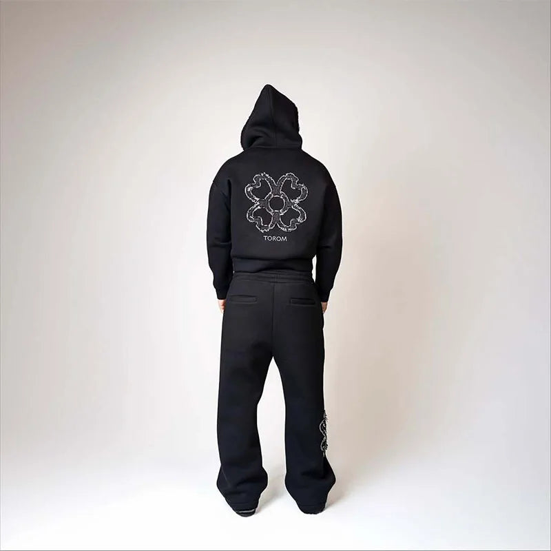 Spring Autumn Oversized 4 Leaf Clover Applique Zip Up Hoodie Tracksuit Set Men Y2K Streetwear Fleece Sweatpants 2 Piece Outfits