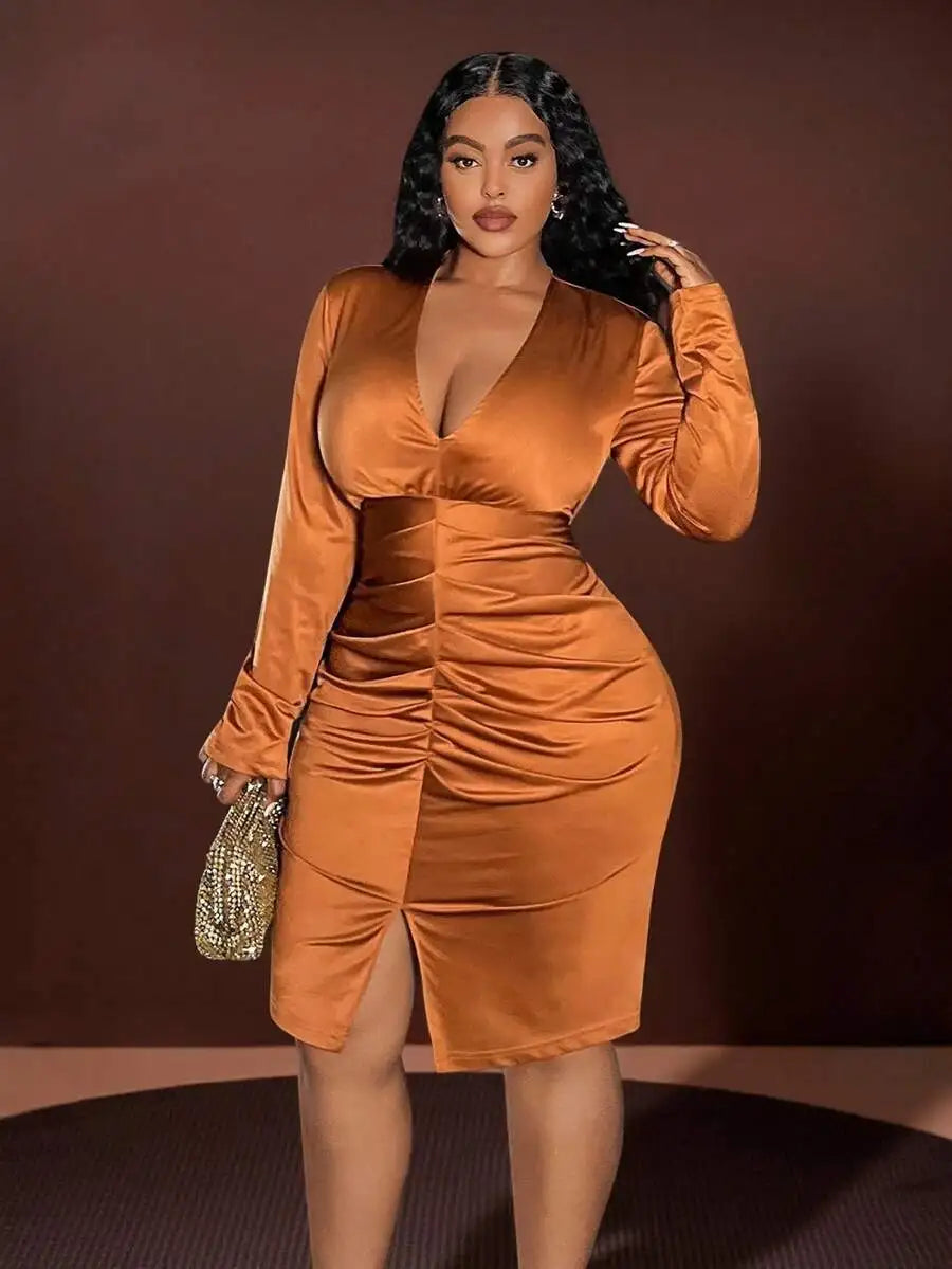 Elegant Sexy Ruched V-Neck Bodycon Long Sleeve Dress For Women Party Christmas
