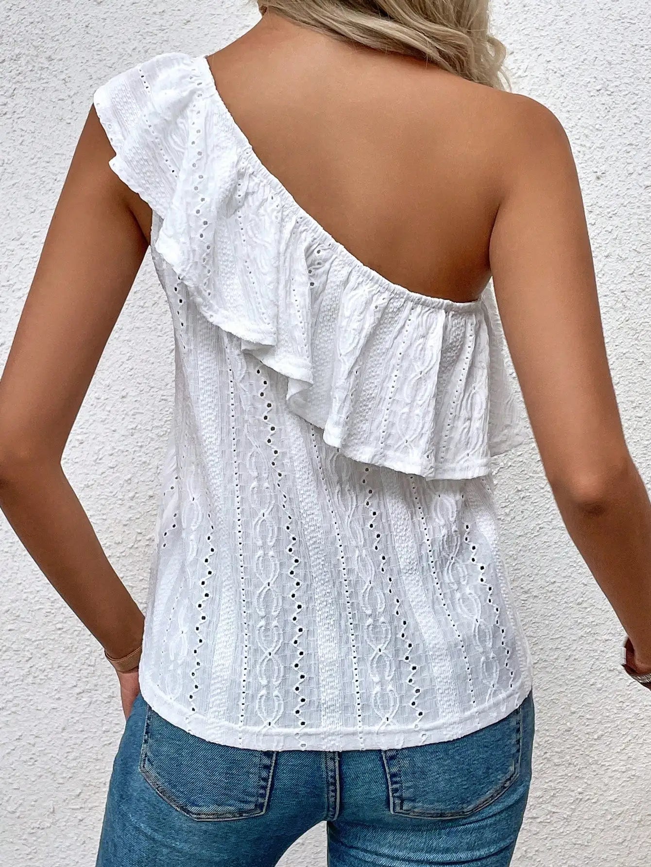 Women's Solid-Color Jacquard Ruffle One-Shoulder Top for Spring/Summer