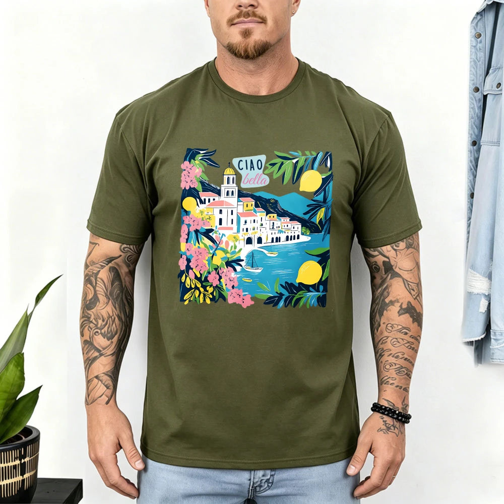 Italian Floral Mediterranean T-Shirt Ciao Bella Amalfi Coast Summer Tee Lemon Village Sailboat Positano Limoncello Travel Gift