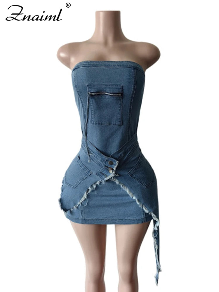 Znaiml Stretch Denim Strapless Off Shoulder Short Dress for Women Single-Breasted irregular Blue Jean Mini Dress Female Birthday