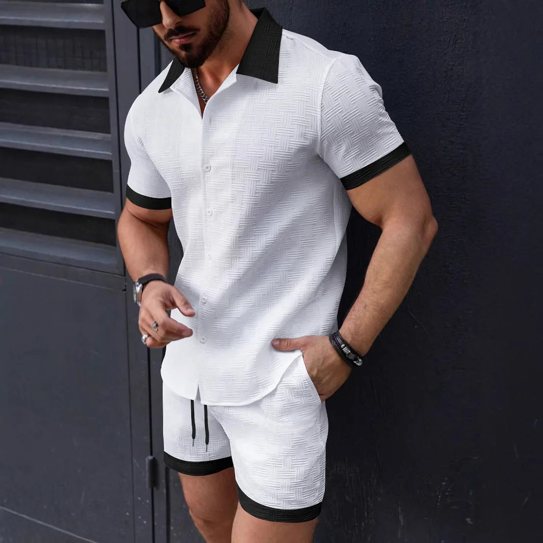 Matching Sets Trend Men Suit  Linen Short Sleeve JacquardShirt And Shorts 2-piece Set Hawaii Beach Men Casual Set 2 piece set