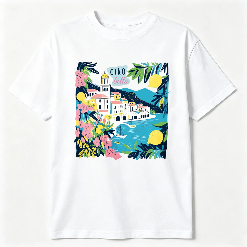 Italian Floral Mediterranean T-Shirt Ciao Bella Amalfi Coast Summer Tee Lemon Village Sailboat Positano Limoncello Travel Gift