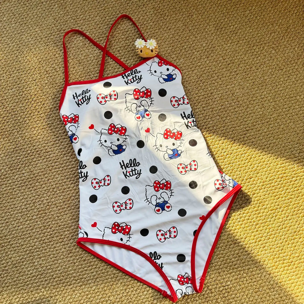 Anime Cute Kawaii Sanrio Hello Kitty One Piece Racing Swimsuit Backless Sports Training Swimwear Double Layer No Water Retention