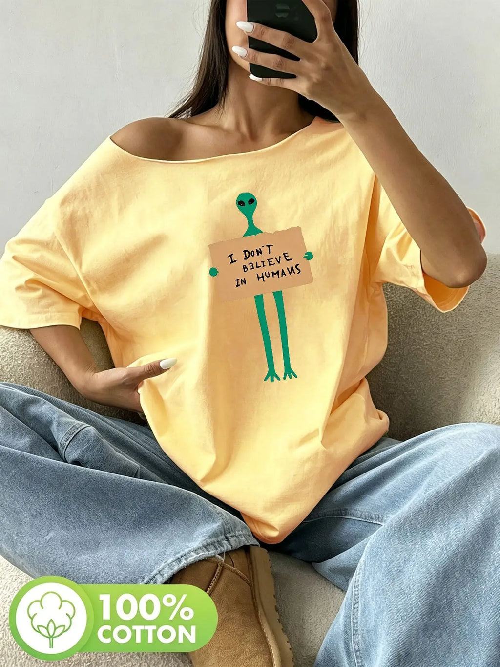 Plus Size 100% Cotton Shoulder Loose Print T-Shirt Oversized Y2K Style Graphic Tees Women Tops Summer Off The Shoulder Top