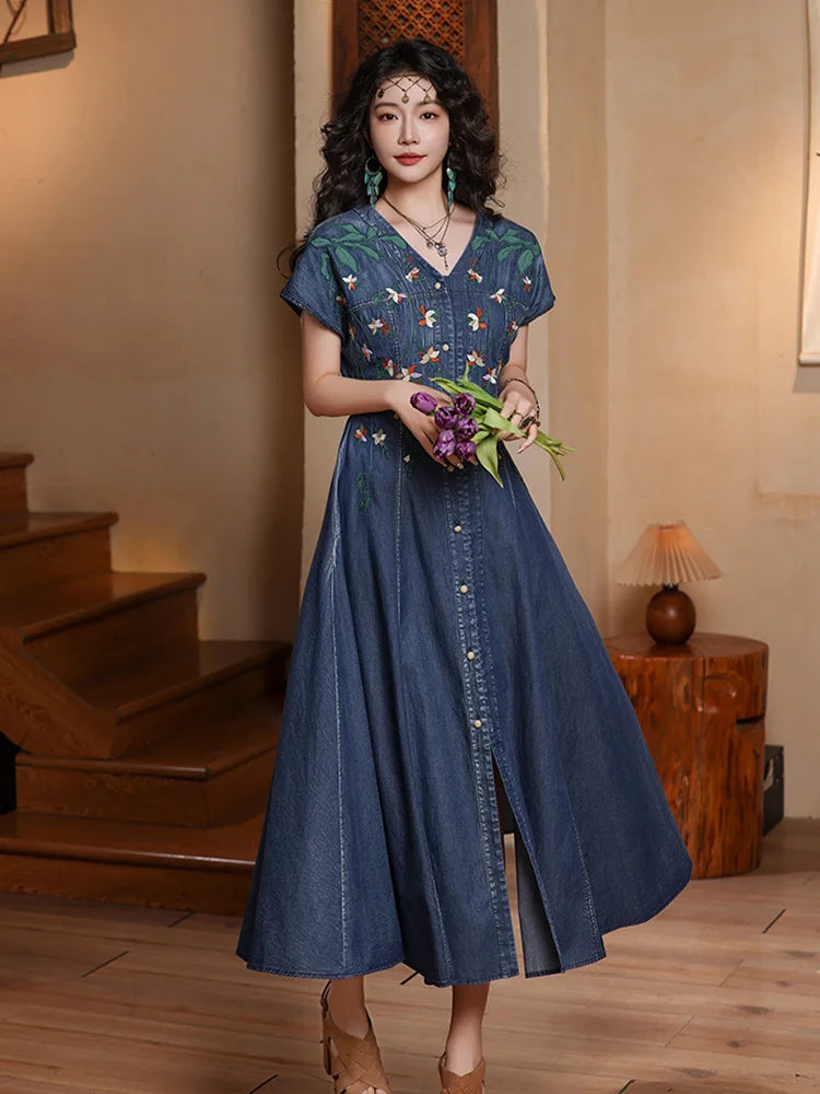 TIYIHAILEY Women Denim Dresses Long Mid-Calf Single Breasted Summer M-4XL Chinese Style Embroidery V-Neck New Vintage 2026