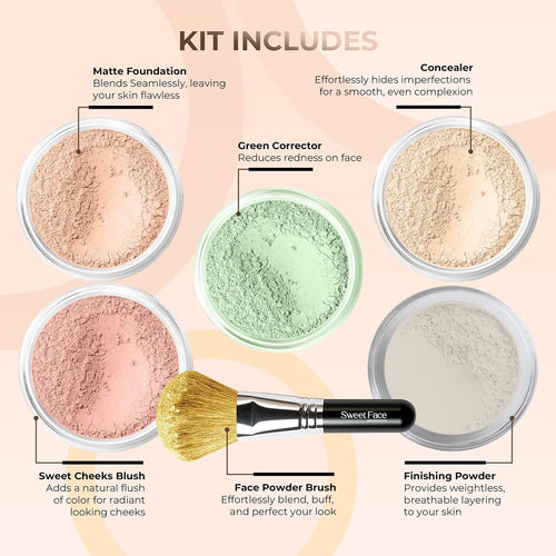 5Pc KIT W/Face BRUSH (PINK BISQUE) Mineral Makeup Set Full Size Powder Bare Skin Matte Foundation