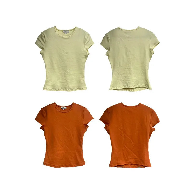 Benuynffy Solid Color Round Neck Crop Top Women 2026 Summer New Korean Style Chic Short Sleeved All Match Casual Y2k Top Tees
