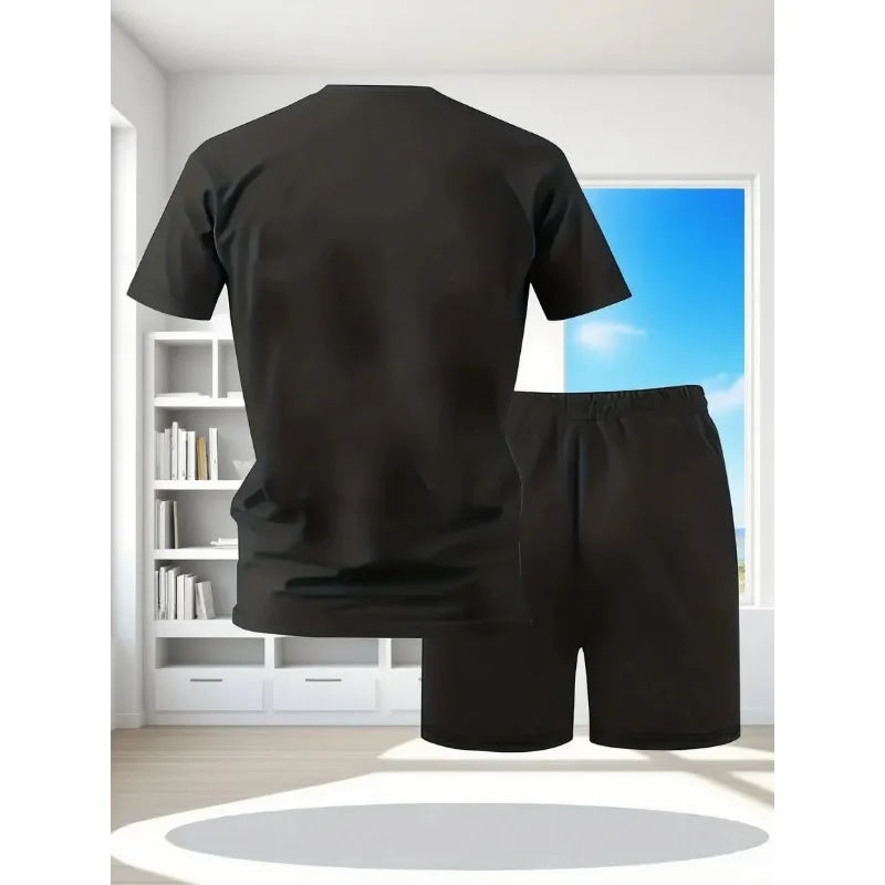 Street Fashion Trend Men's Round Neck Short Sleeved Set, Outdoor Simple Round Neck Top, Casual and Comfortable Shorts