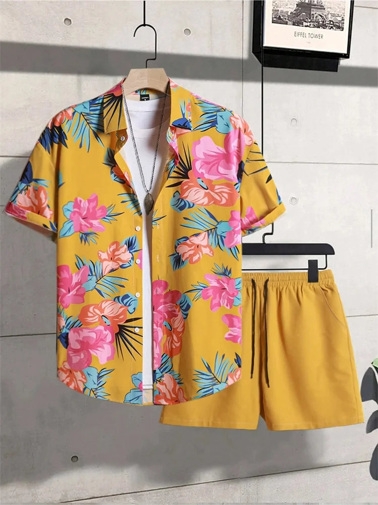 Men's Short-sleeved Shirt Set Artistic And Simple Style Plant Print Solid-color Shorts Casual Fashionable And Daily