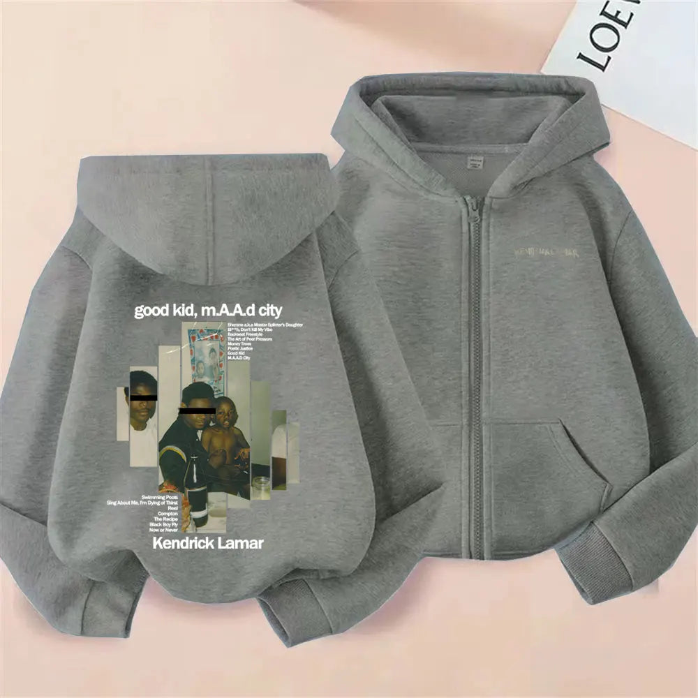 Rapper Kendrick Lamar Good Kid Album Graphic Zipper Hoodie Men Women Hip Hop Vintage Zip Up Jacket Male Oversized Zip Up Hoodies