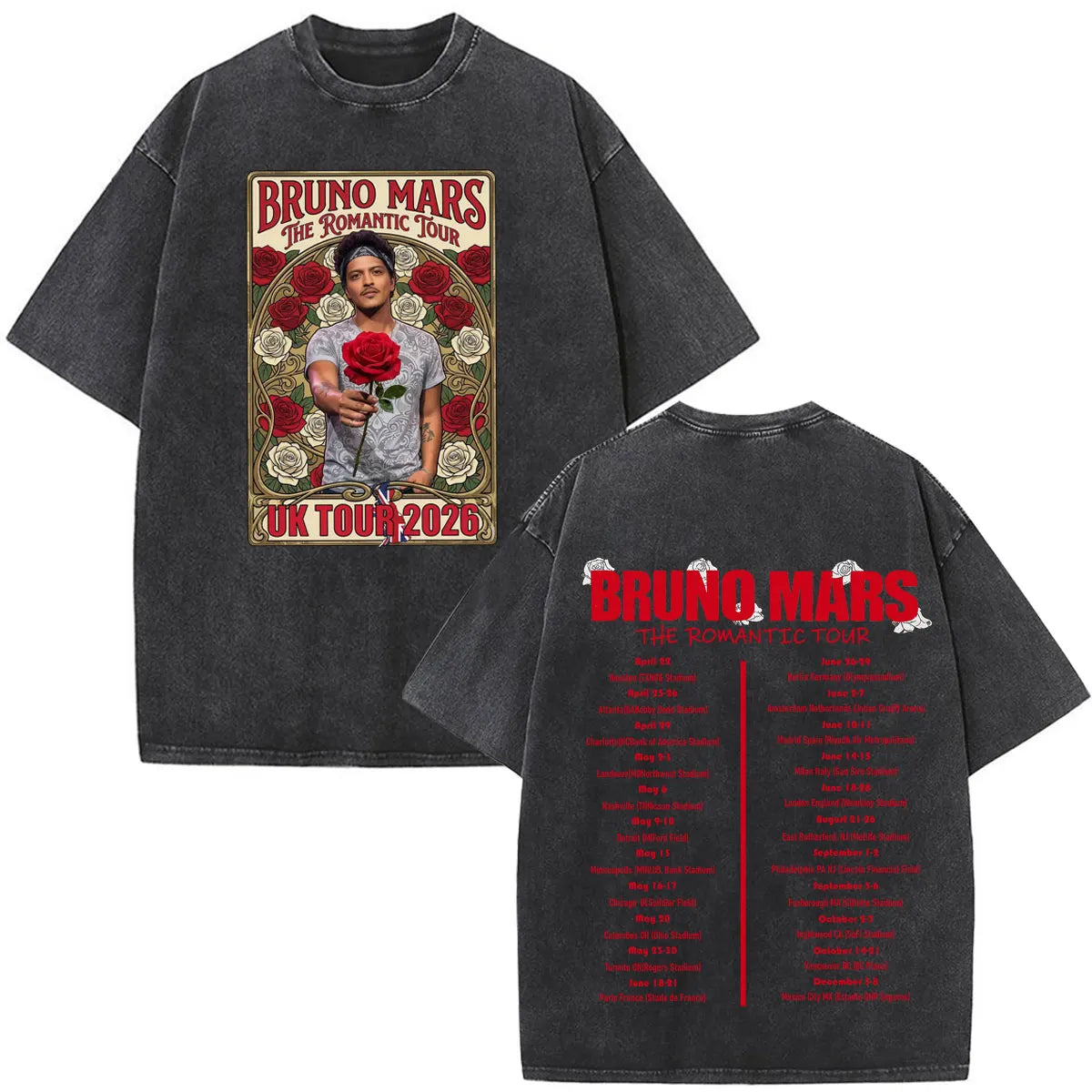 Bruno Mars The Romantic Tour 2026 Print Vintage Washed T-shirt Man Woman Fashion T-shirts Cotton Loose Casual Oversized T-shirts