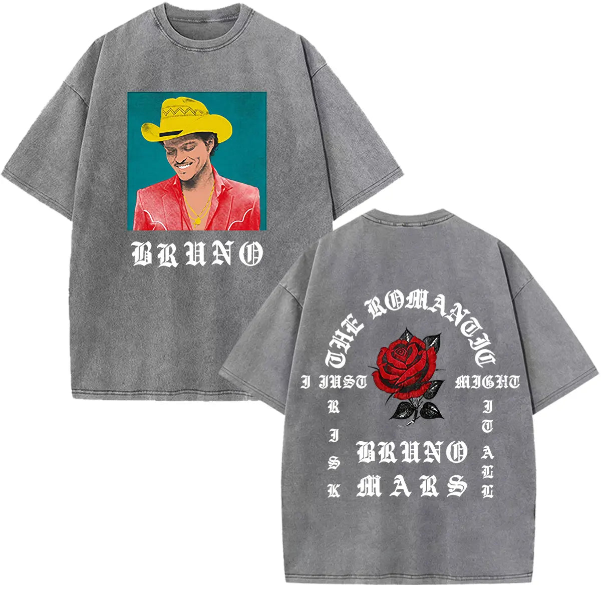 Bruno Mars The Romantic Tour 2026 Print Vintage Washed T-shirt Man Woman Fashion T-shirts Cotton Loose Casual Oversized T-shirts