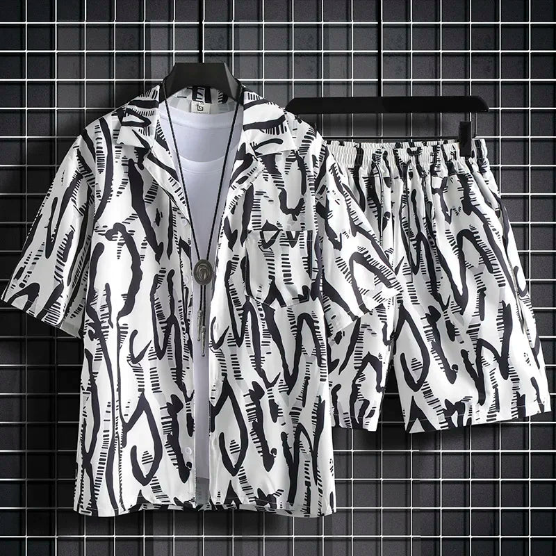 Men Hawaiian Print 2 Piece Set Short Sleeve Shirt And Shorts Beach Summer Outfit