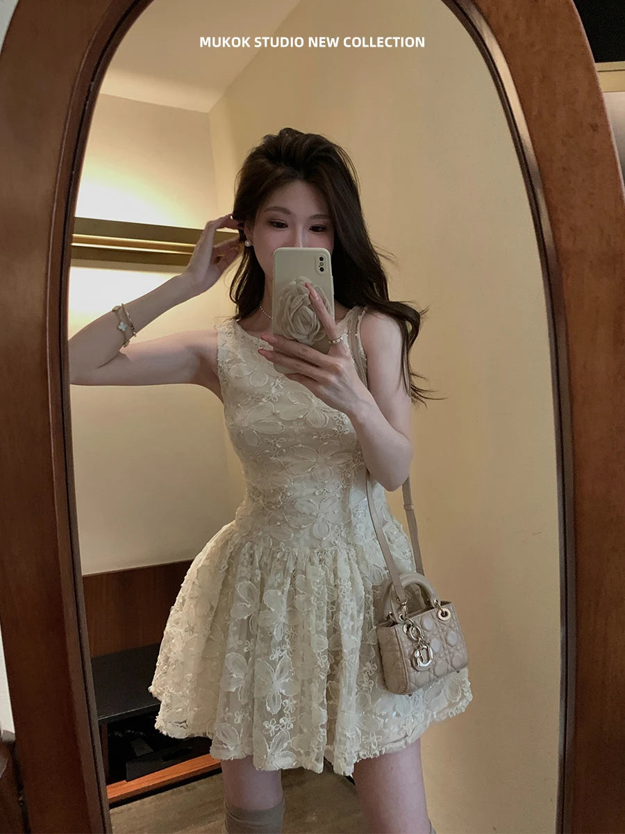 MUKOK Summer Women's Vest Dress Belted Waist Short Skirt Embroidered Sash A-Line Silhouette City Commute Casual Style Dress