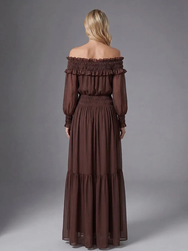 2026 Women's Summer Off-Shoulder Ruffles Brown Maxi Long Dress Elegant Evening Club Party Gown