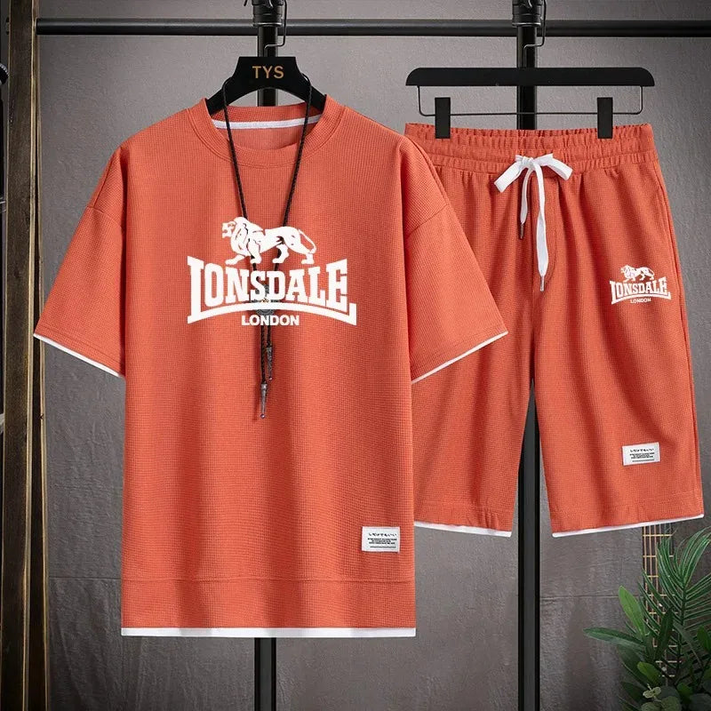 Men's summer new casual short-sleeved T-shirt set, fashionable outdoor men's round-neck pullover + sports shorts 2-piece set