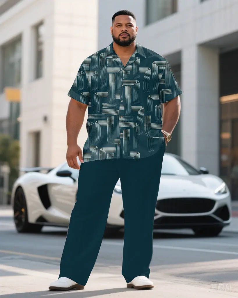 S-9XL Plus Size Men's Modern Abstract & Geometric Print Shirt & Pants Set, Multi-Design Casual 2-Piece Summer Outfit Collection