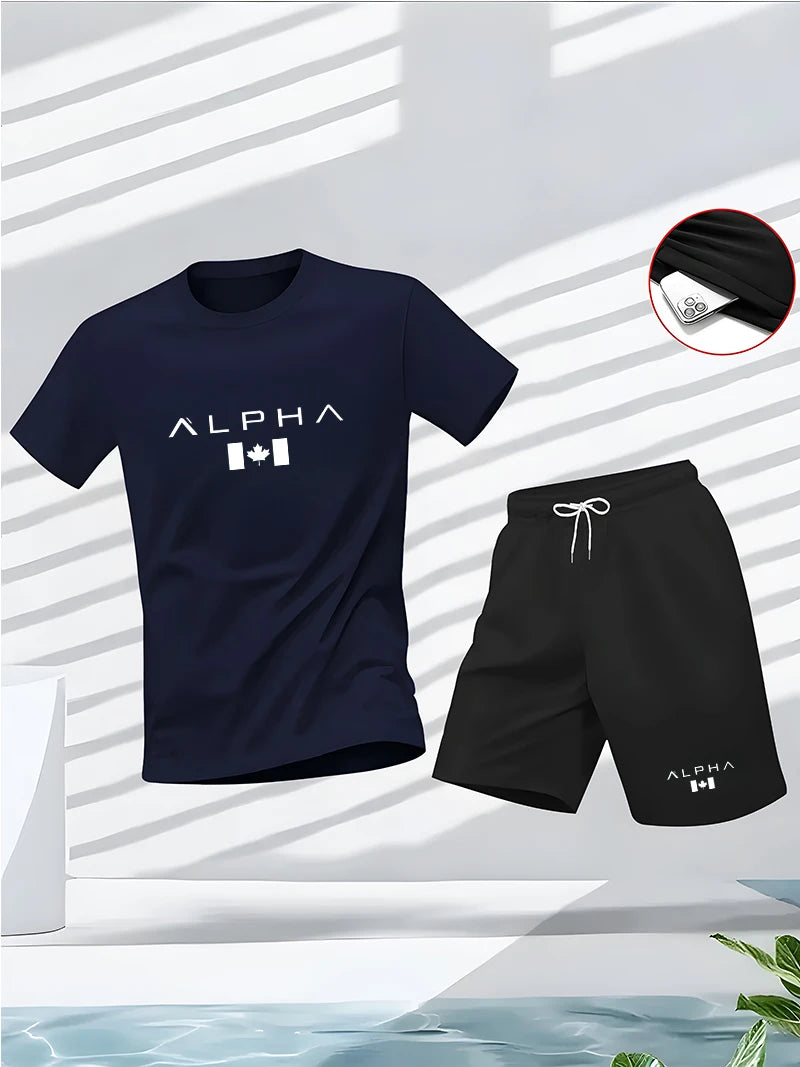 Men's summer fitness and sportswear set, round-neck short-sleeved T-shirt fashionable and casual