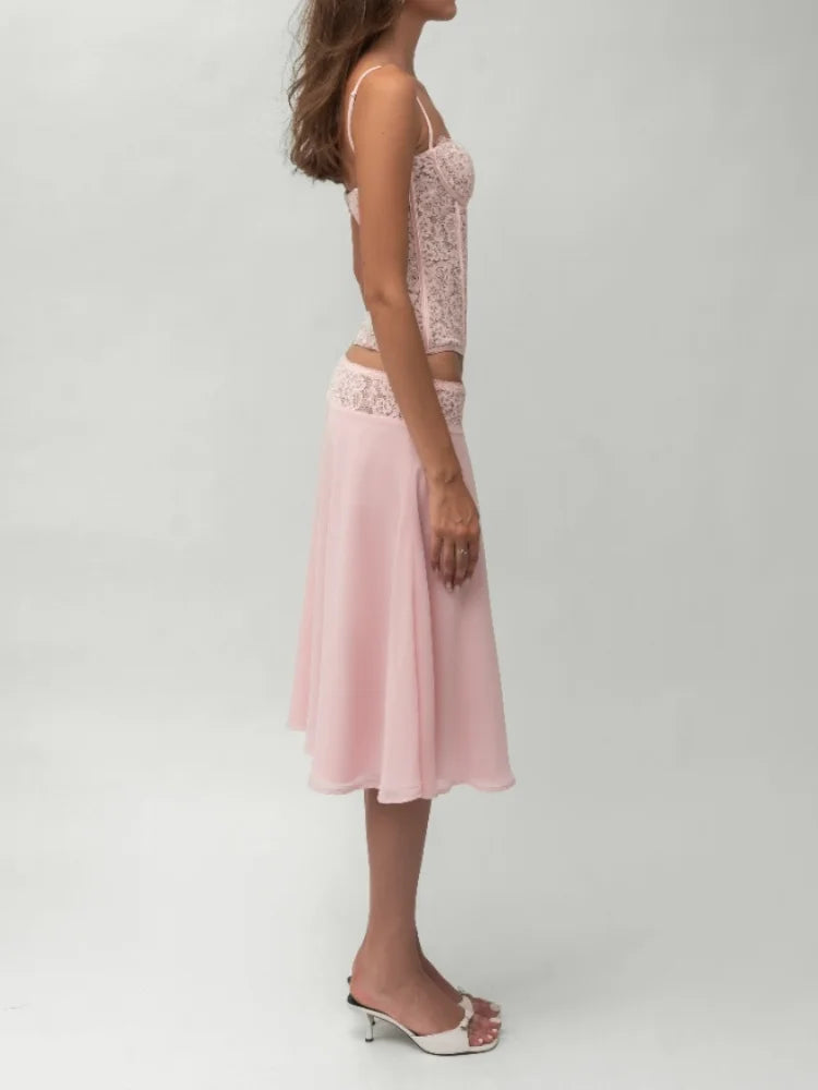 Chic Pink Lace Corset Two-Piece Set Women Sexy Spaghetti Strap Top Flowy Satin Midi Skirt Summer Party Evening Cocktail Outfit