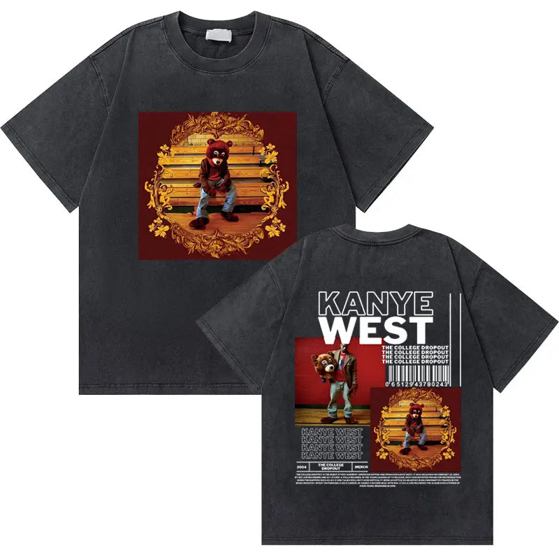 Washed Vintage Rapper Kanye West Graduation Bear Graphic T Shirt Men Pure Cotton T-shirt Men's Hip Hop Fashion Oversized Tshirt