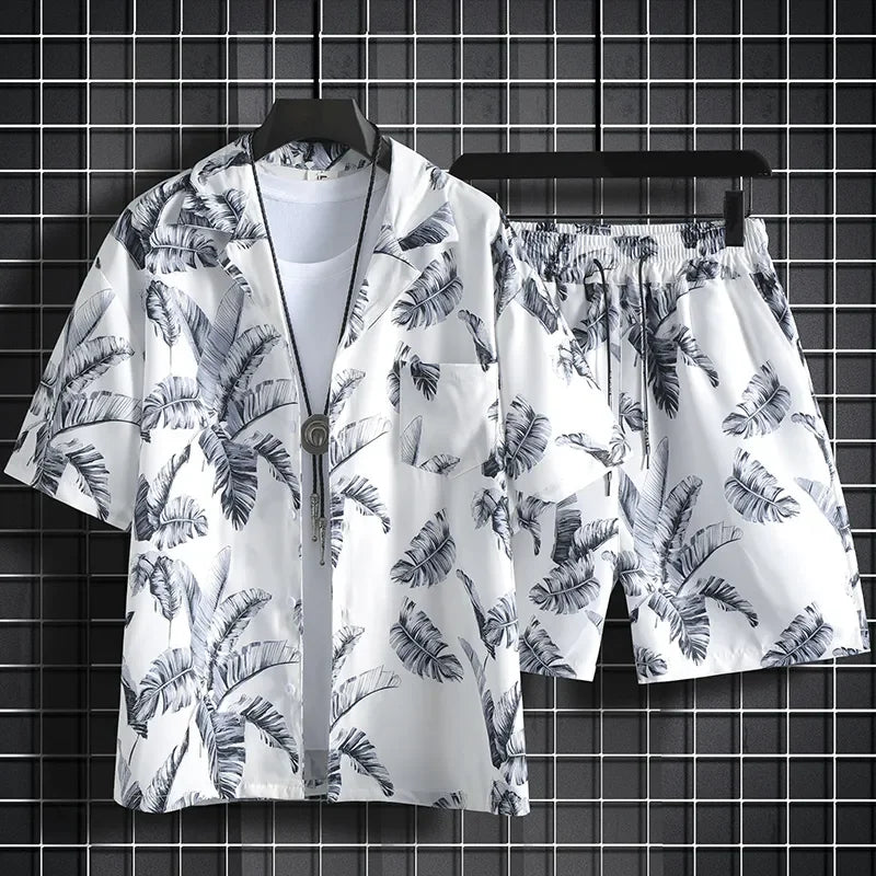 Men Hawaiian Print 2 Piece Set Short Sleeve Shirt And Shorts Beach Summer Outfit